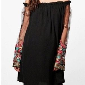 Off the shoulder embroidered mesh sleeve dress